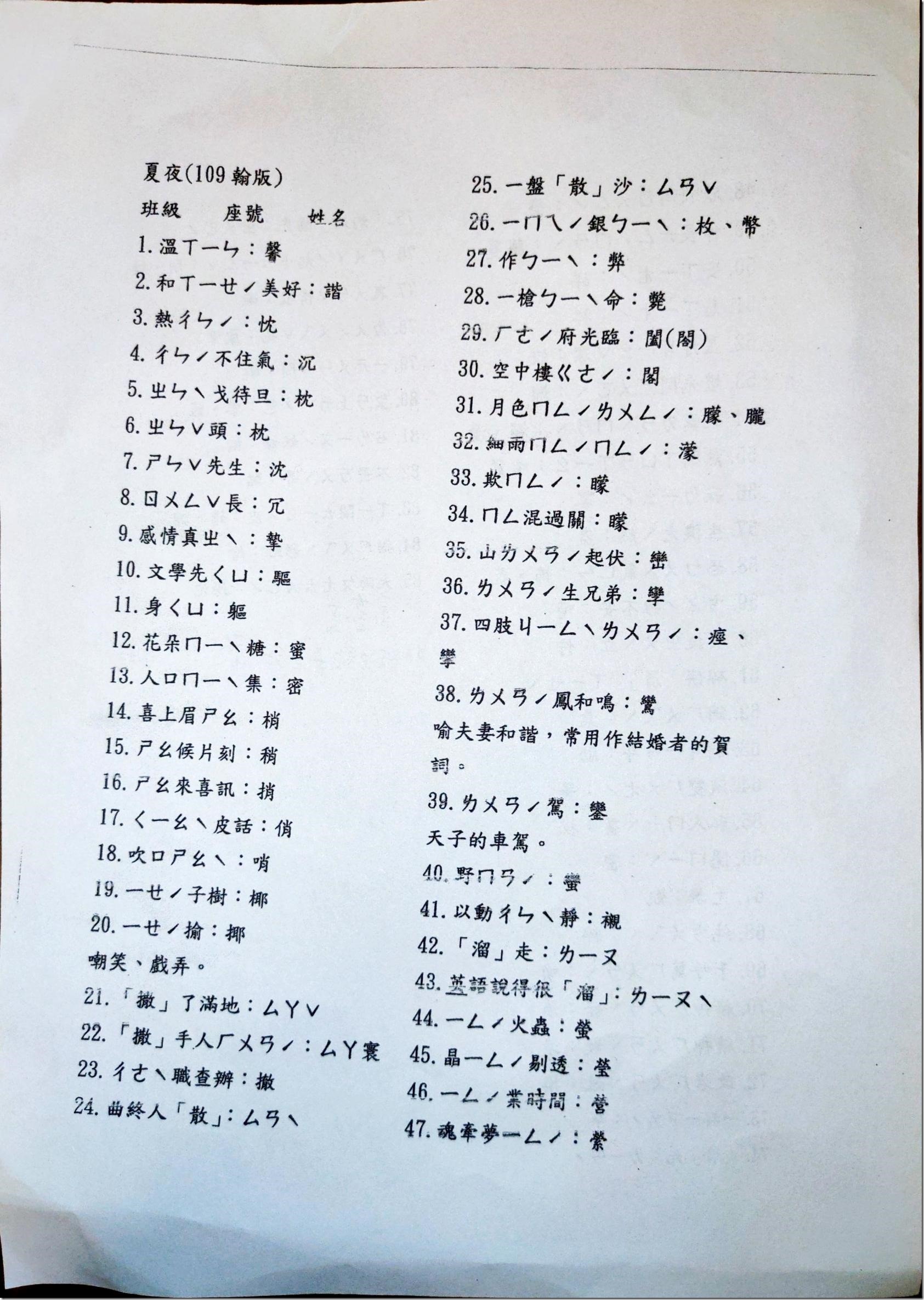 國文 夏夜詞音測驗 87 (1)